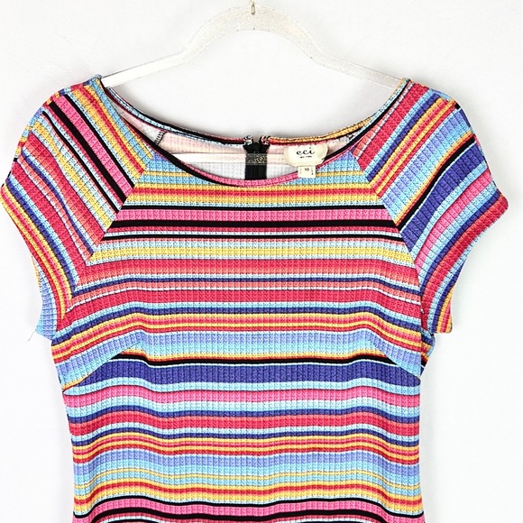 ECI |🌈👗Colorful Striped Cap Sleeves Bodycon Shift Style Dress - Picture 7 of 10